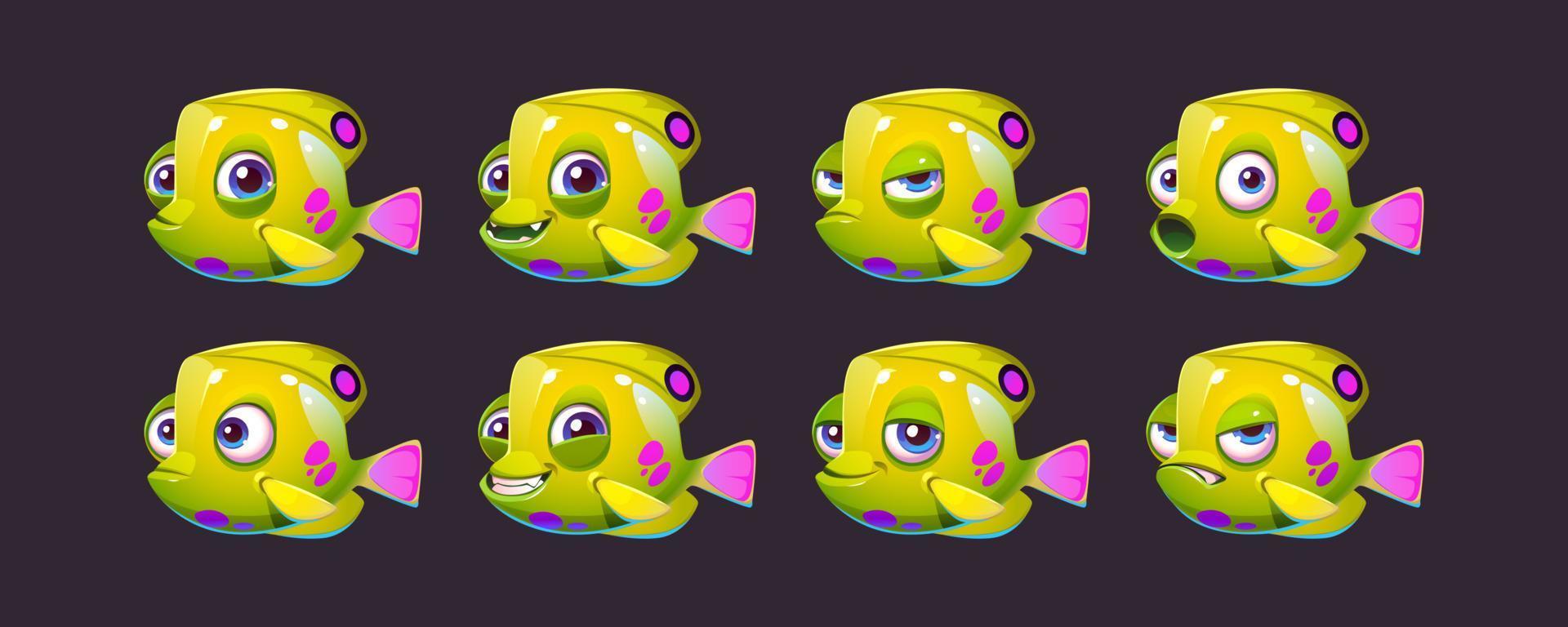 Cartoon set of green fish with different emotions vector