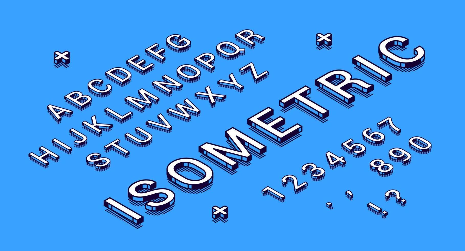 Isometric font, alphabet letters and numbers vector