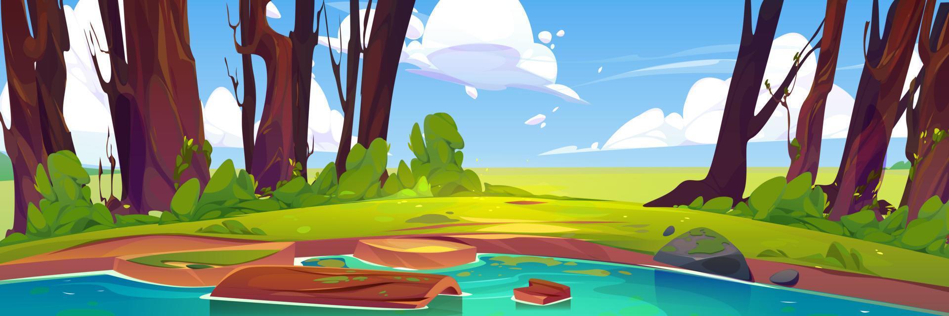 Nature scene with lake, green trees, grass vector