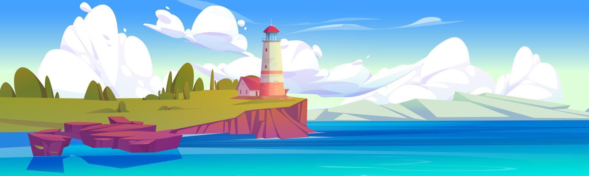 Lighthouse on sea coast. Landscape with beacon vector