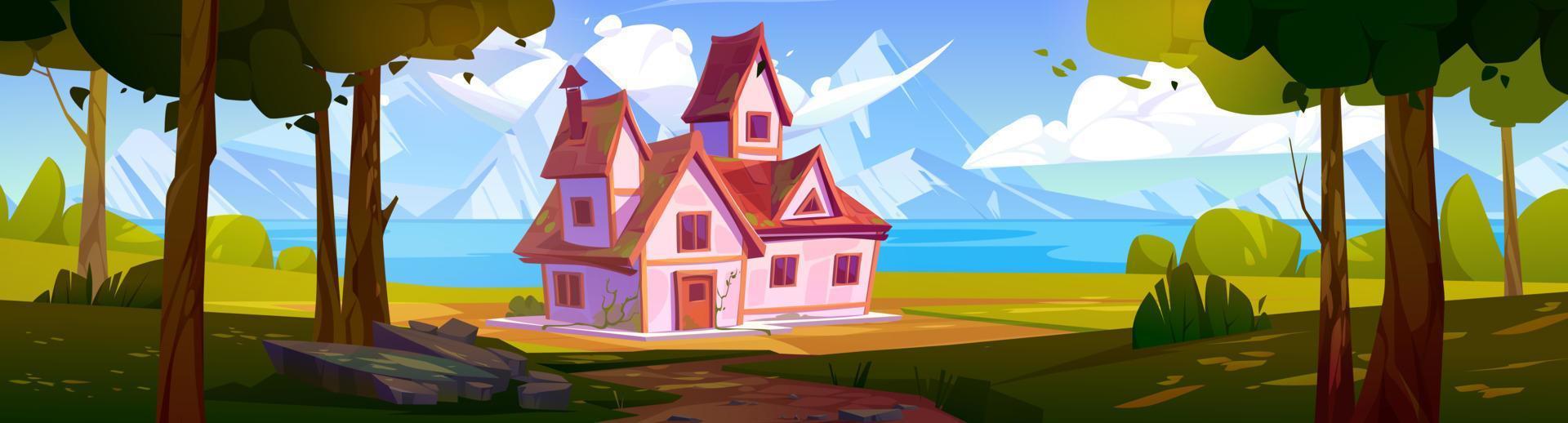 Summer landscape with house on lake coast vector