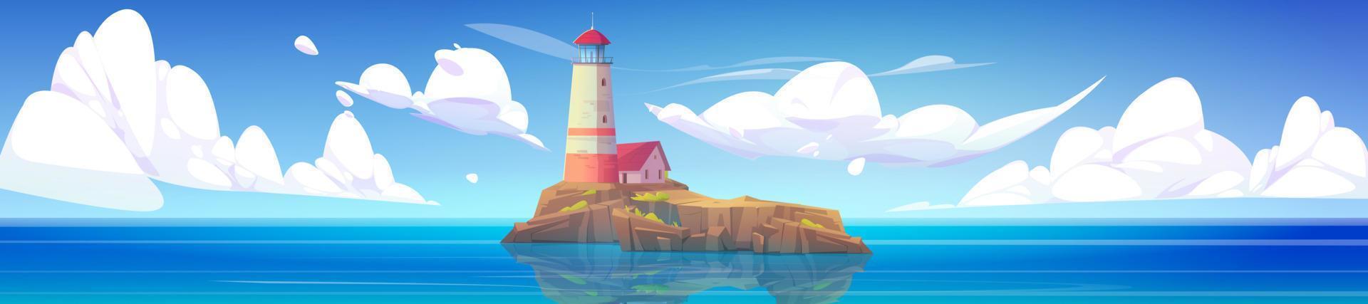 Lighthouse on rocky island. Sea vector landscape