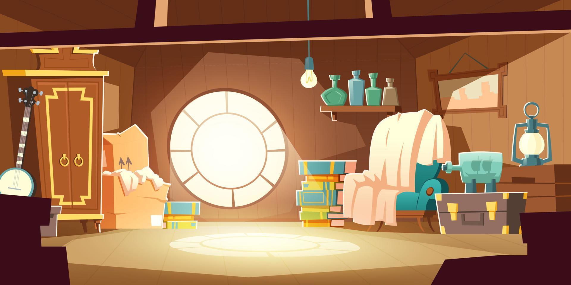 House attic with old furniture, cartoon background vector