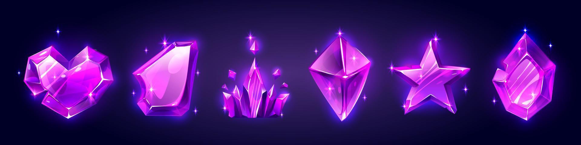 juego púrpura piedra preciosa, magia joya cristal íconos vector