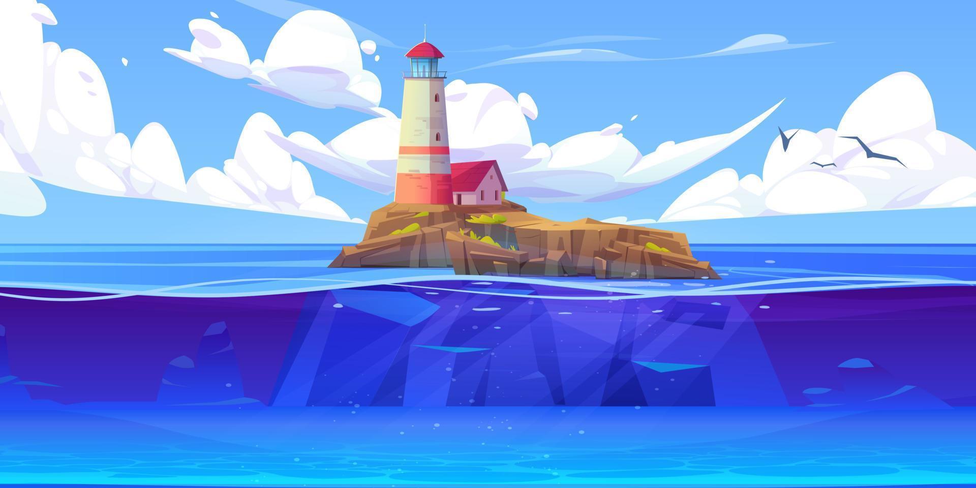 Lighthouse on rocky island. Sea vector landscape