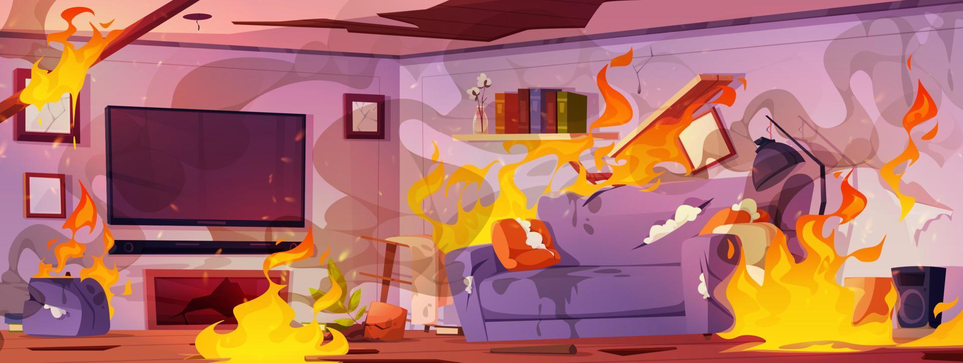 Fire in home, living room with burning furniture vector