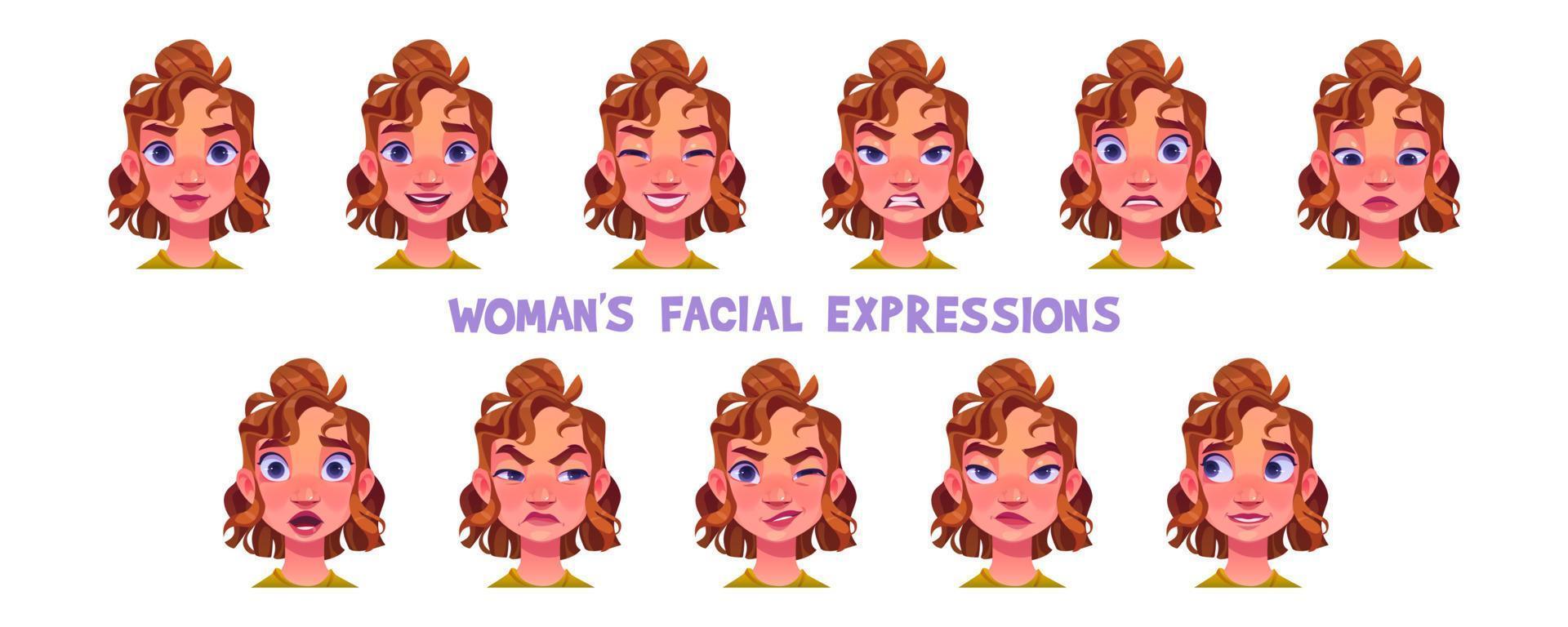 conjunto de mujer facial expresiones para juego avatar vector