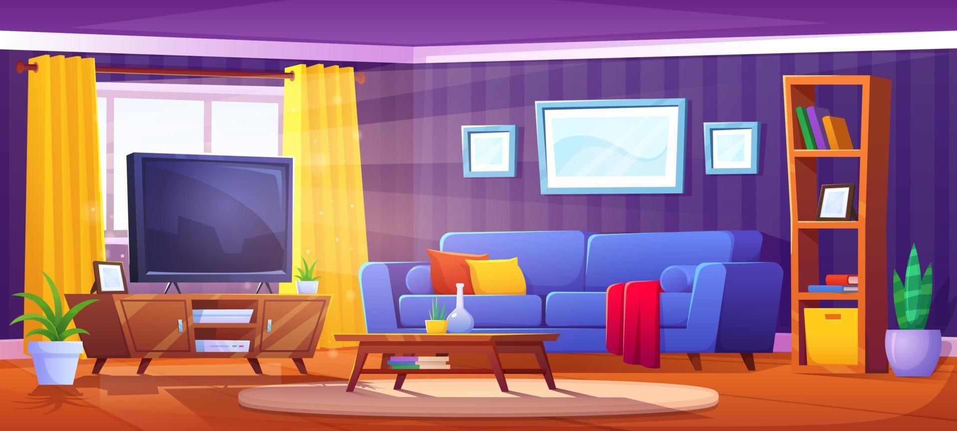 Cartoon living room interior with sofa and tv vector