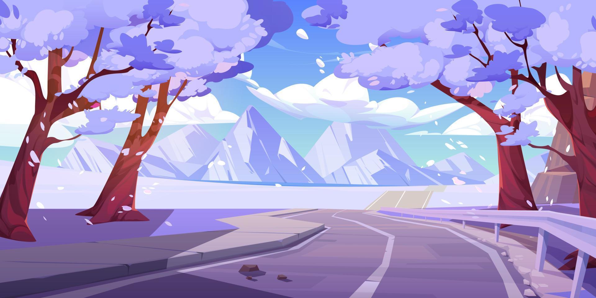 Mountain valley snowy landscape with highway road vector