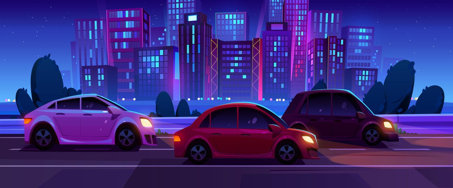 Cars drive on city street road at night vector