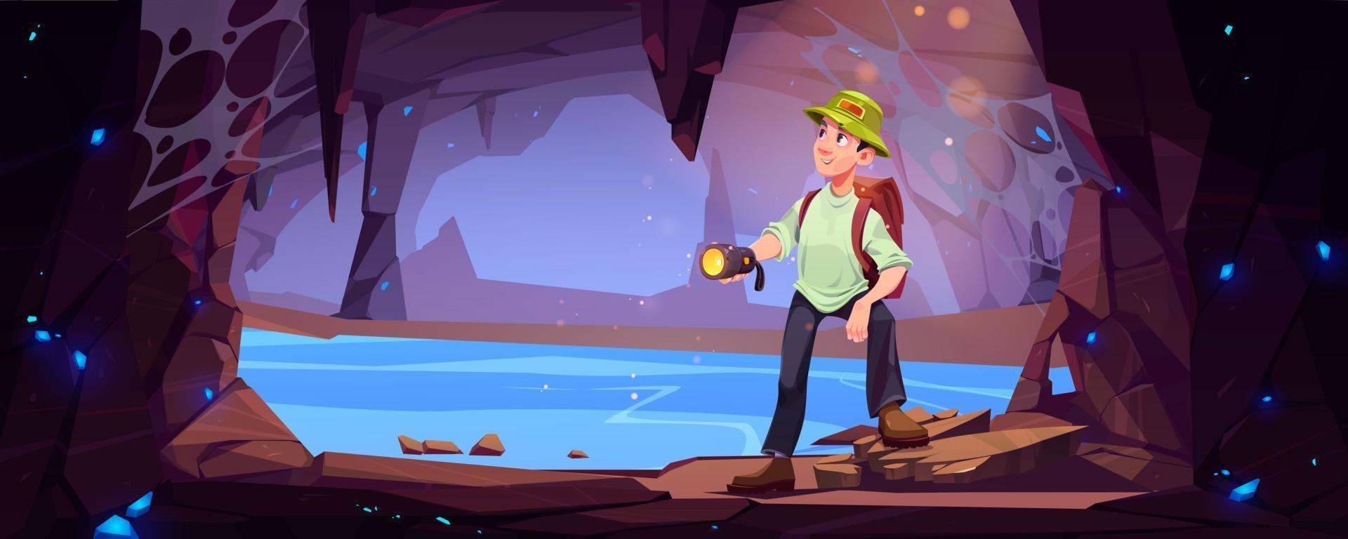 Hiker man travel in mountain cave vector