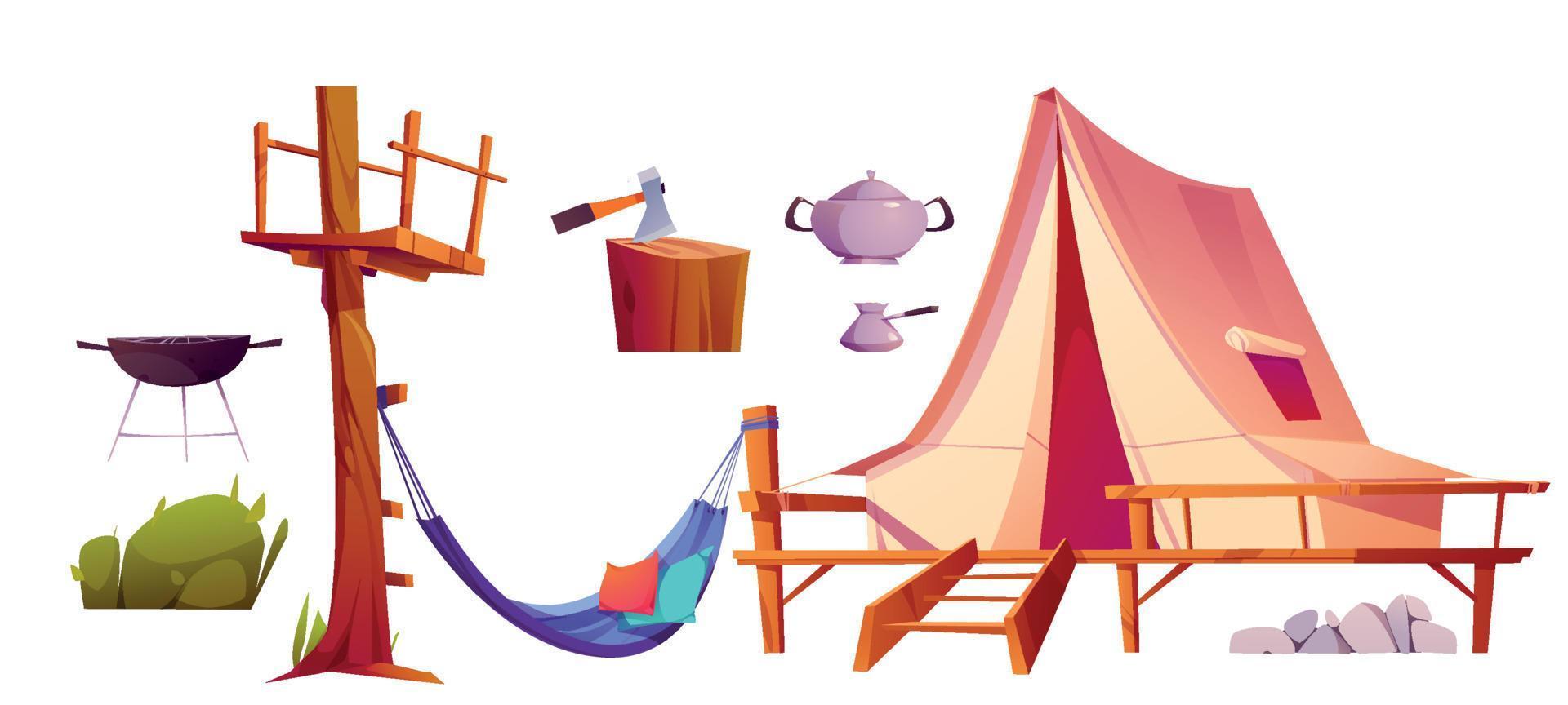 conjunto de glamping equipo clipart png ilustración vector