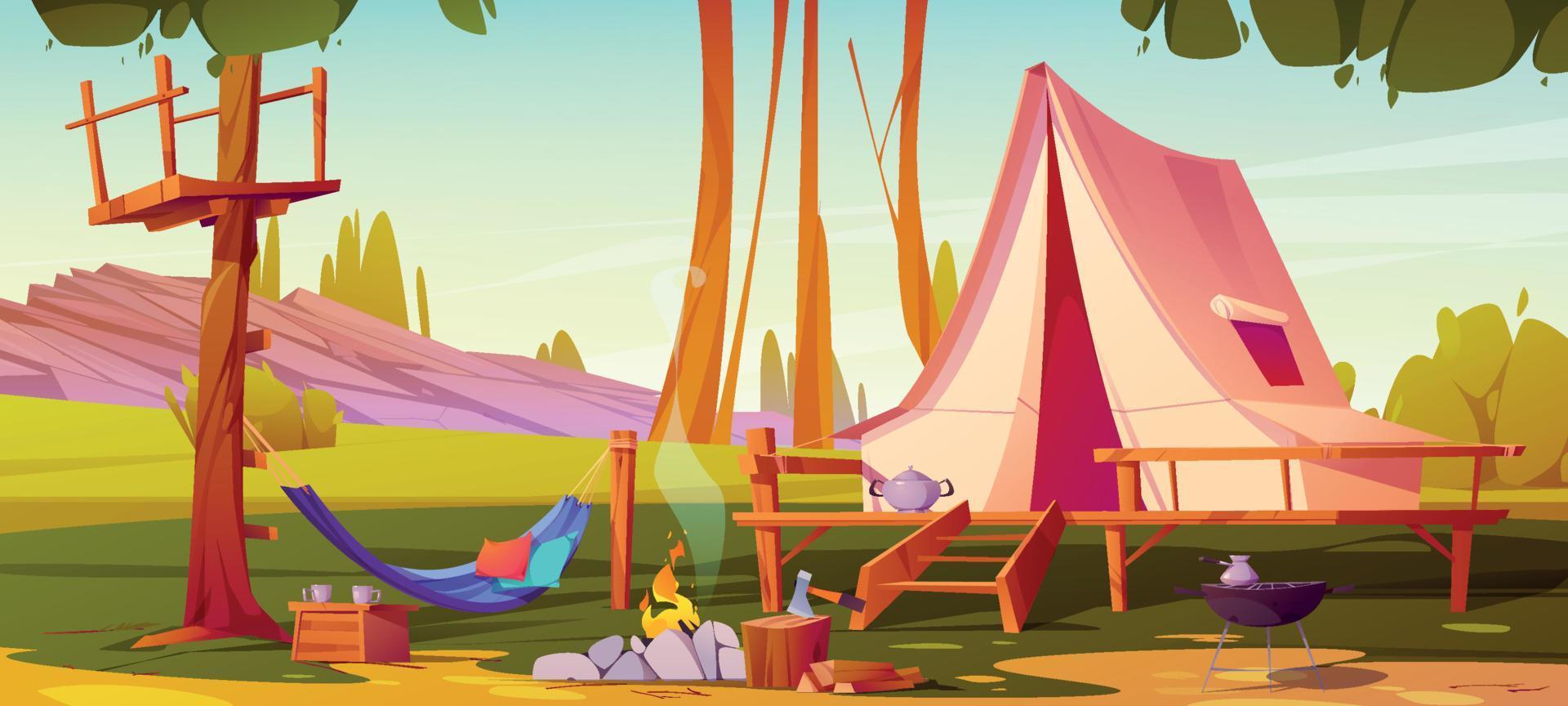 Cartoon camp with tent, bonfire and hammock vector