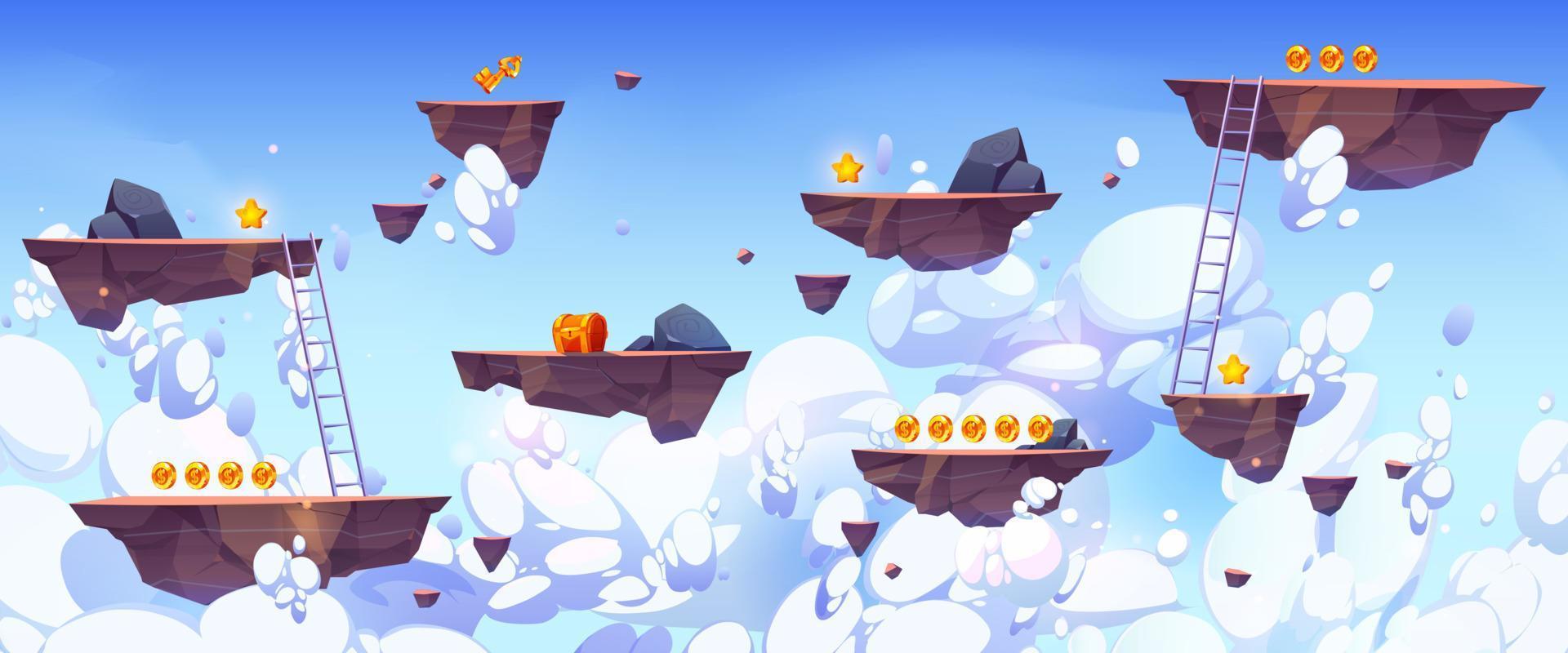 Flying rock islands in sky vector game background