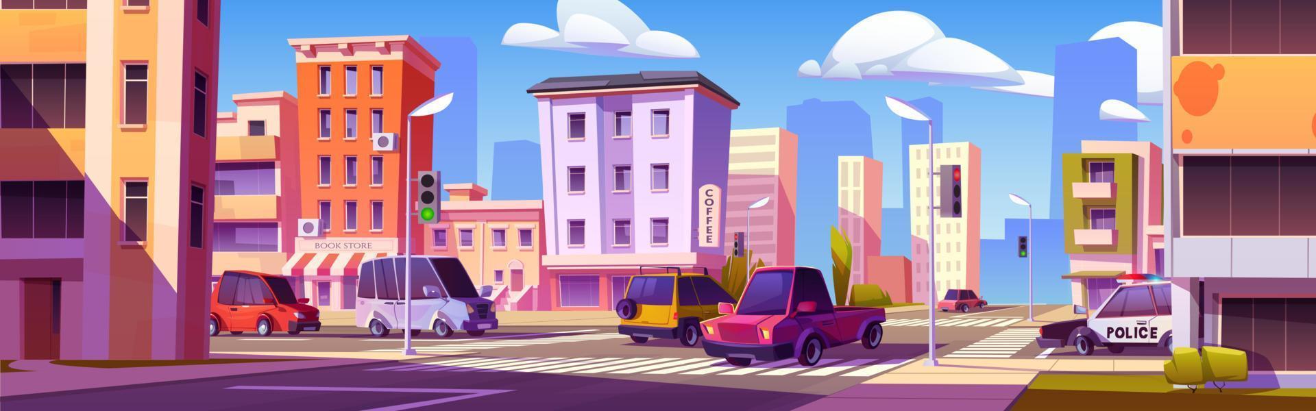 Cartoon city street intersection with many cars vector