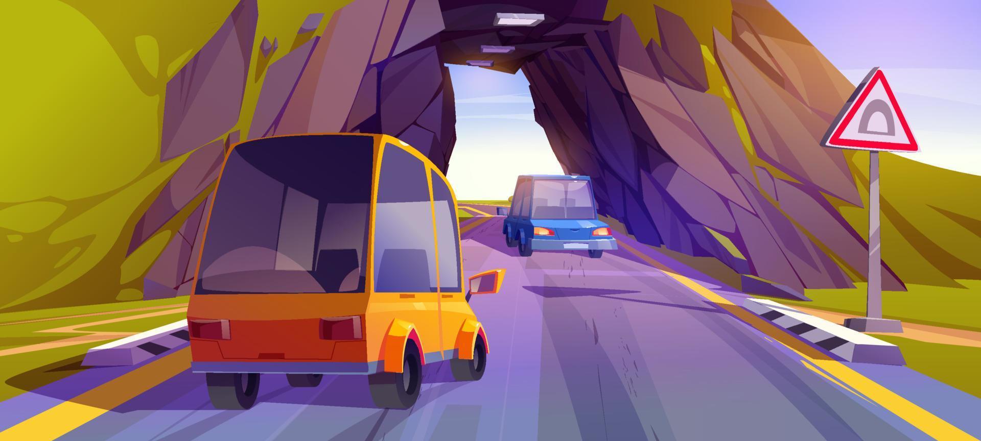 Car ride tunnel road with warning sign landscape vector