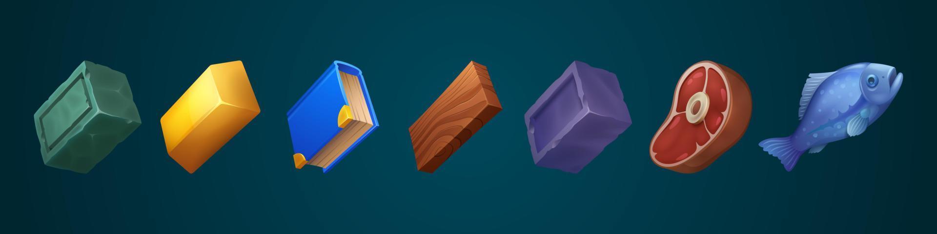 juego íconos de alimento, piedra, madera, oro y libro vector