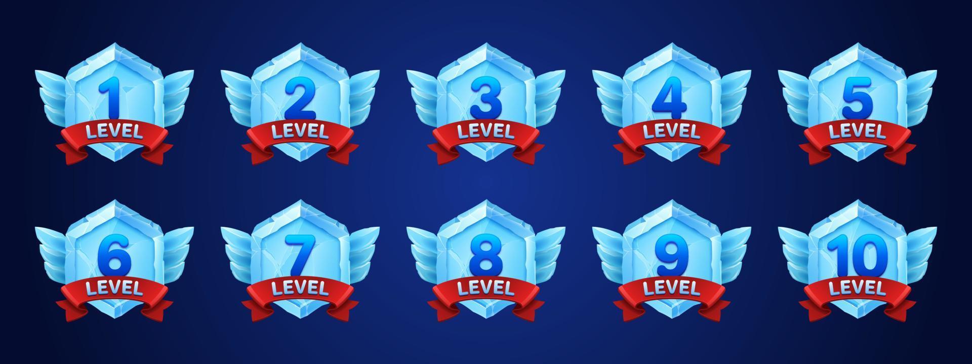 Game ice badges with level number, red ribbon vector