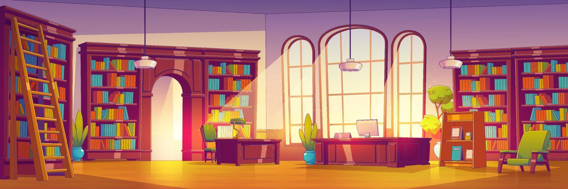dibujos animados biblioteca interior con muchos libros vector