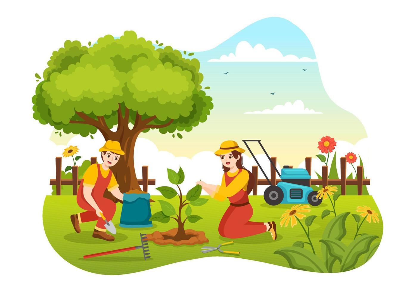 jardinero ilustración con jardín herramientas, agricultura, crece vegetales en botánico verano jardinería plano dibujos animados mano dibujado para aterrizaje página plantillas vector