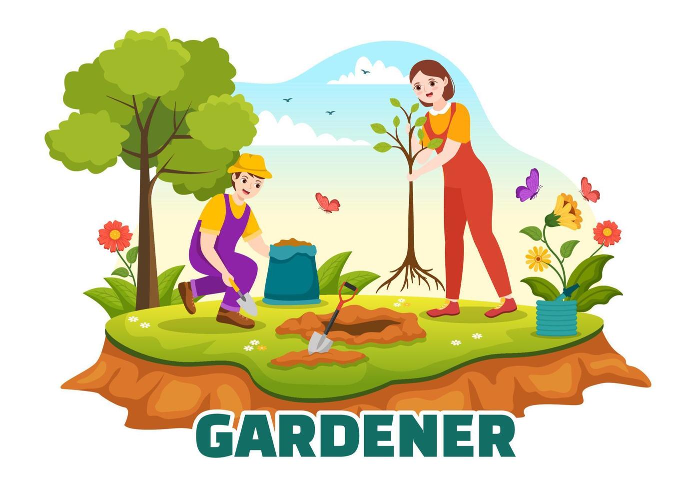 jardinero ilustración con jardín herramientas, agricultura, crece vegetales en botánico verano jardinería plano dibujos animados mano dibujado para aterrizaje página plantillas vector