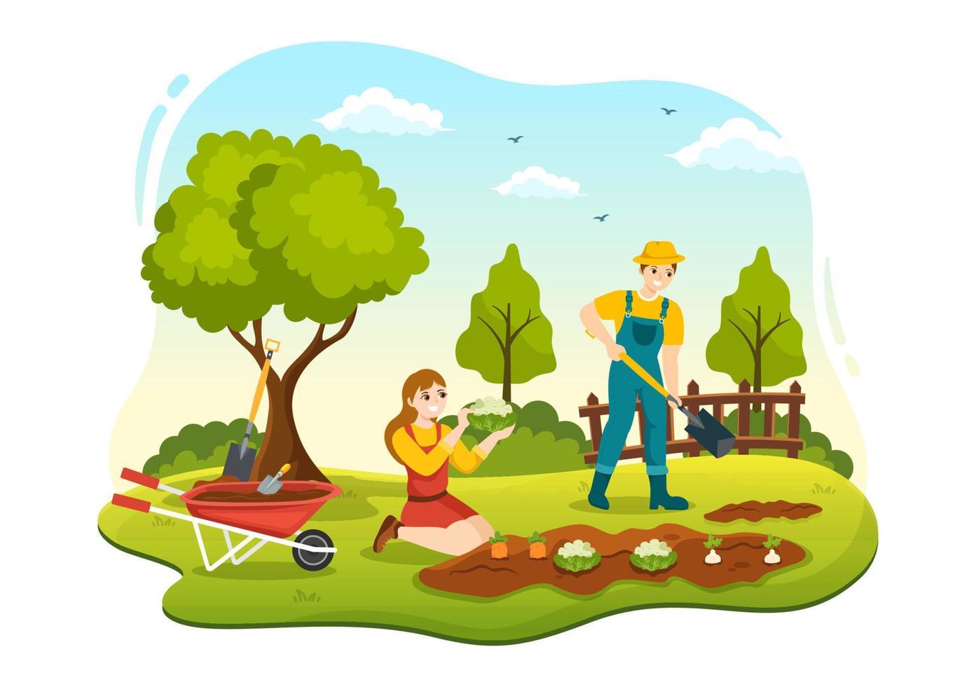Gardener Illustration with Garden Tools, Farming, Grows Vegetables in Botanical Summer Gardening Flat Cartoon Hand Drawn for Landing Page Templates vector