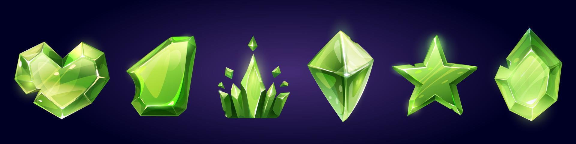 Game green gemstone, magic jewel crystal icons vector