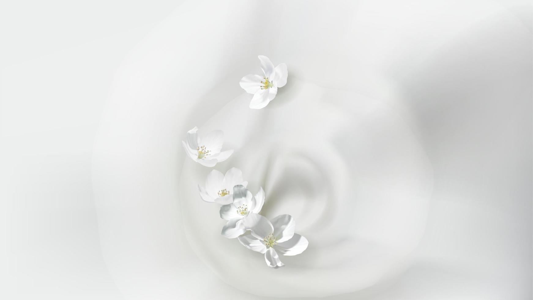 Poster with pouring milk, falling jasmine flower vector