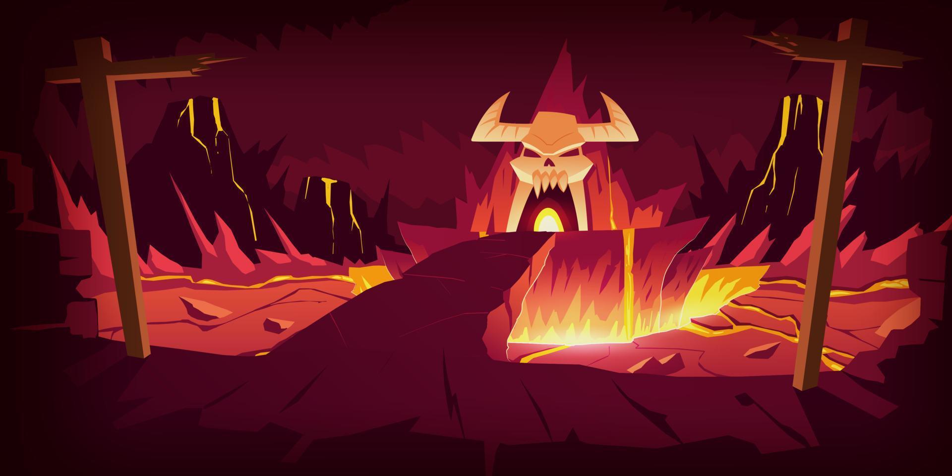 Hell landscape, infernal stone cave cartoon vector