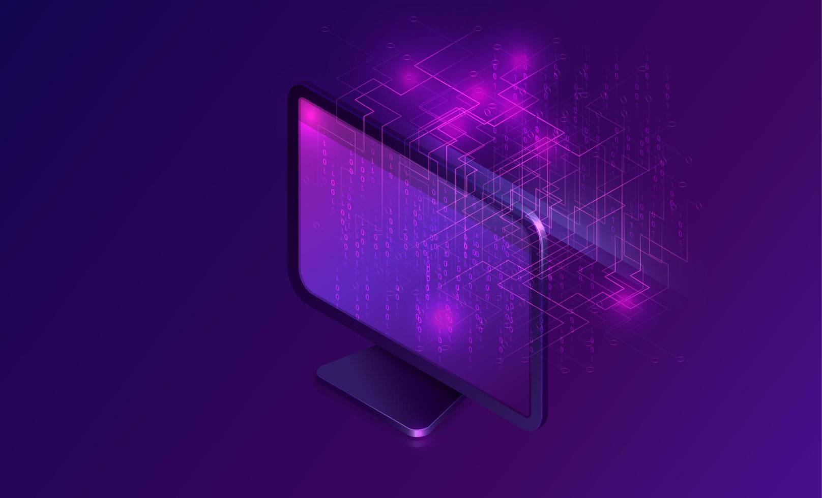 Computer with big data stream isometric banner vector