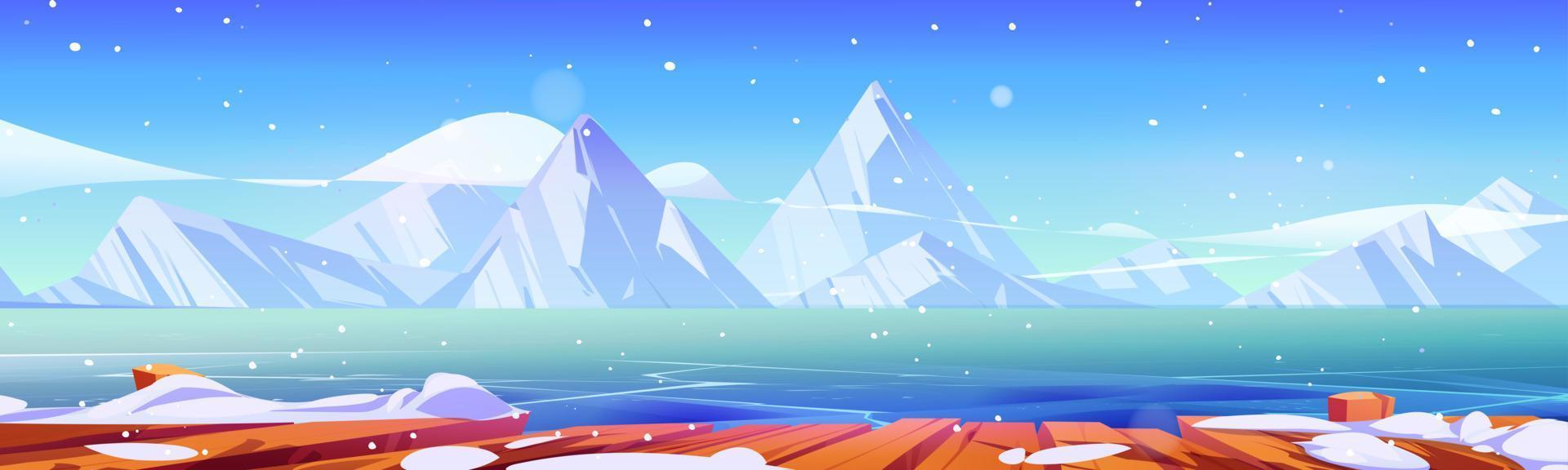 Lake with ice, wood pier and mountains in winter vector