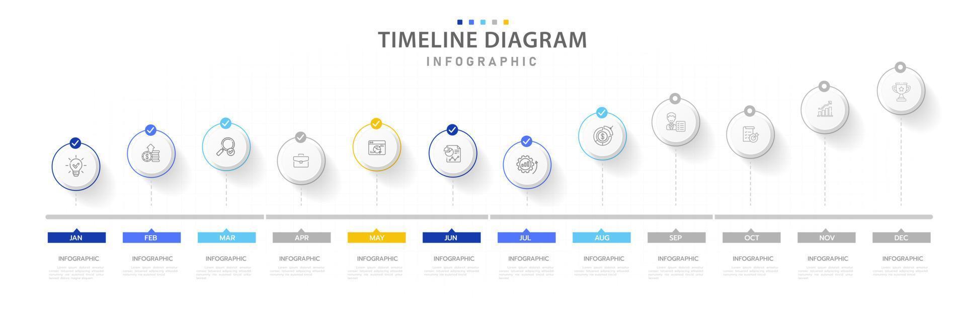 plantilla infográfica para negocios. Calendario de diagrama de línea de tiempo moderno de 12 meses, infografía vectorial de presentación. vector