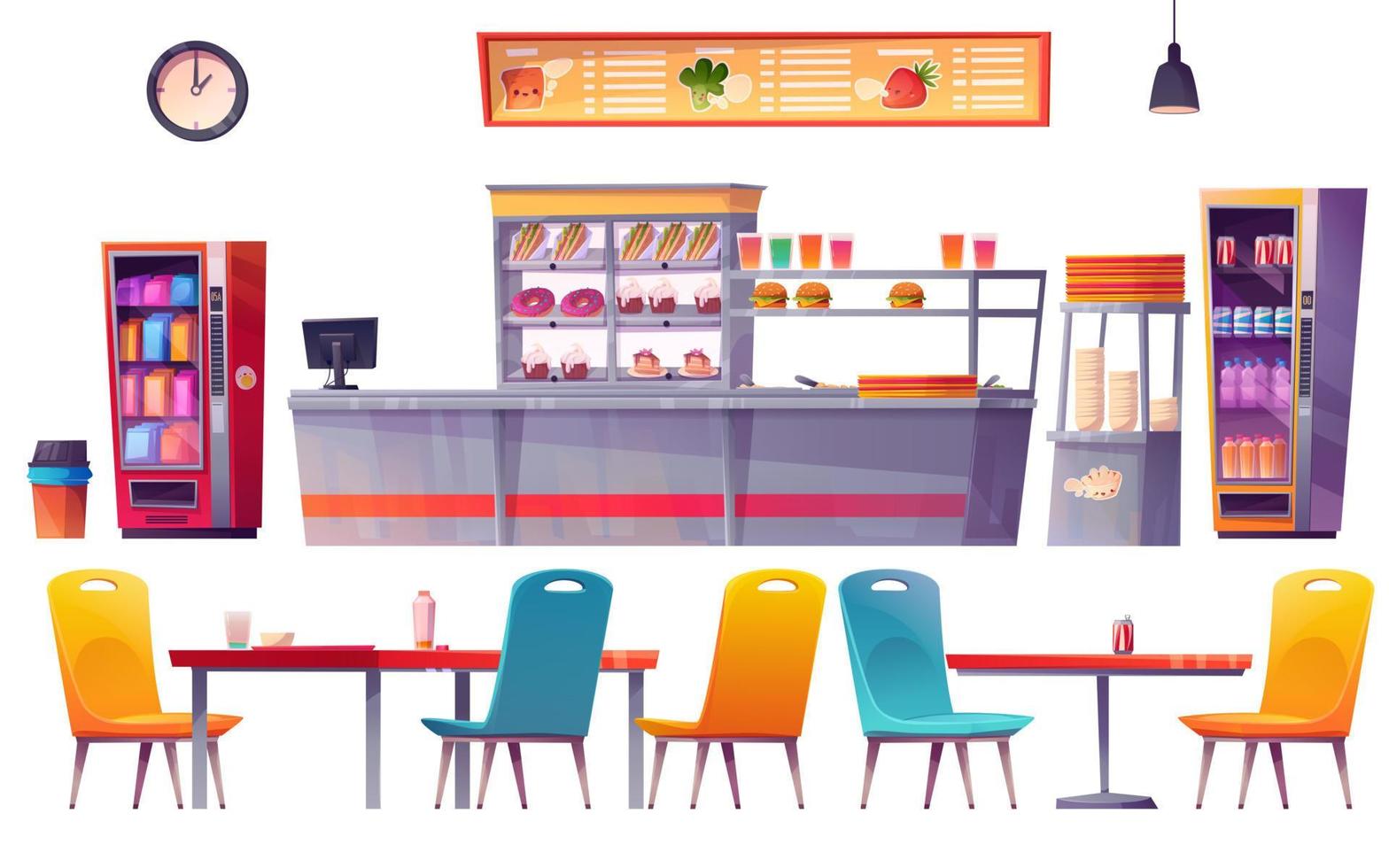 Cafeteria, school canteen interior set vector