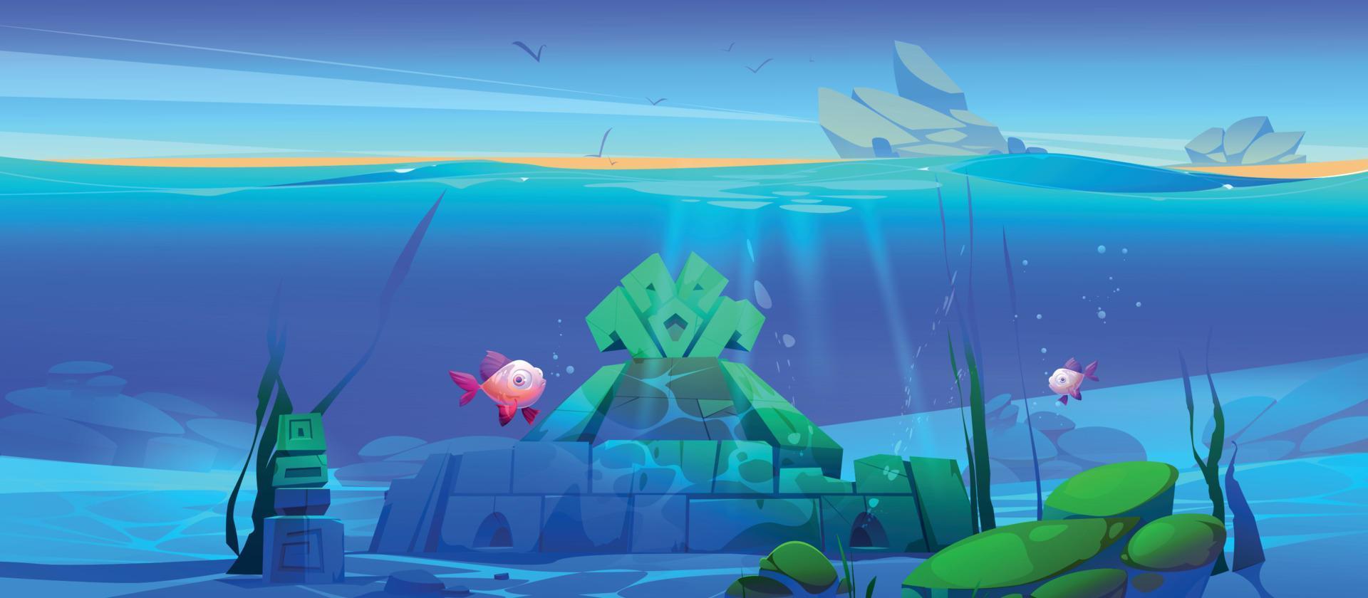 Ancient underwater ruins on sea bottom vector