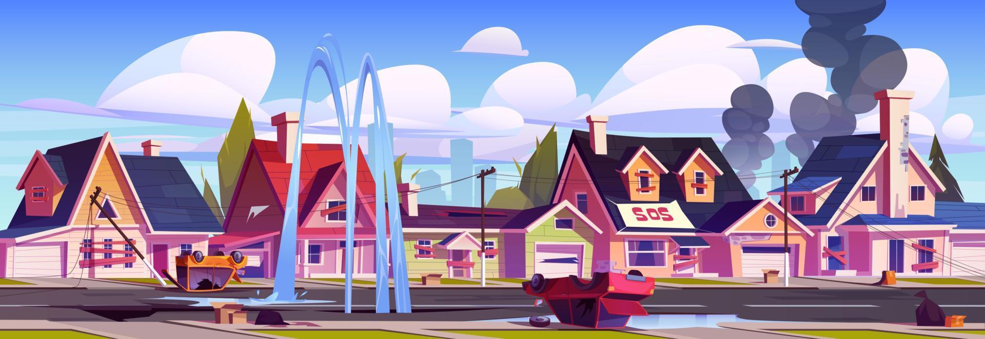 Destroyed city street after war, earthquake vector