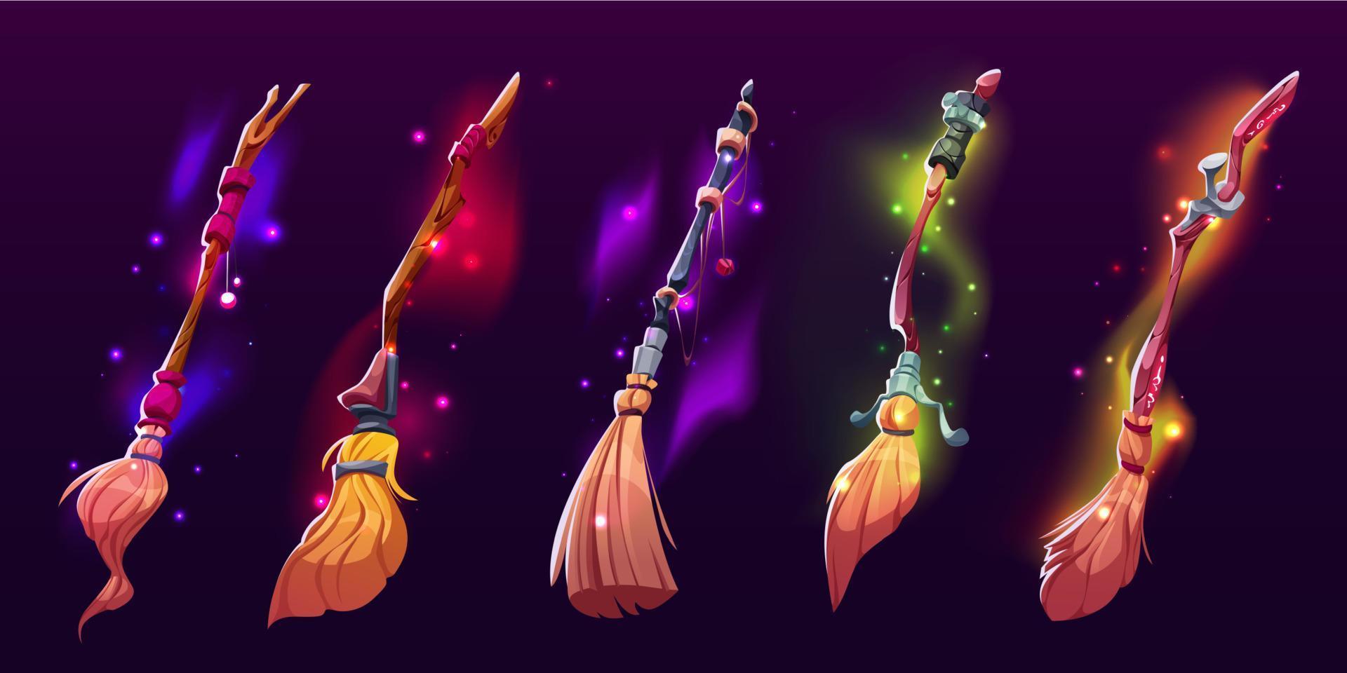 Cartoon set of witch broomsticks on dark vector