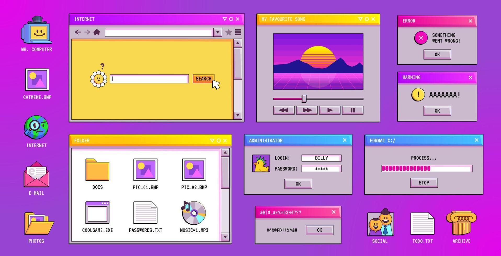 Retro y2k vaporwave window screen of 90s desktop vector
