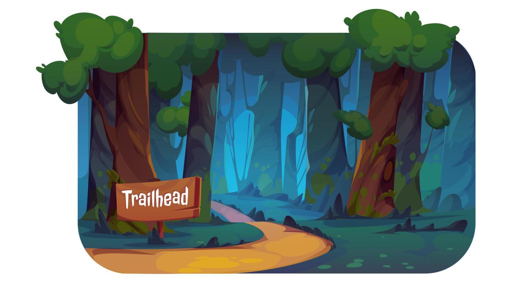 Cartoon forest trail with wooden trailhead sign vector