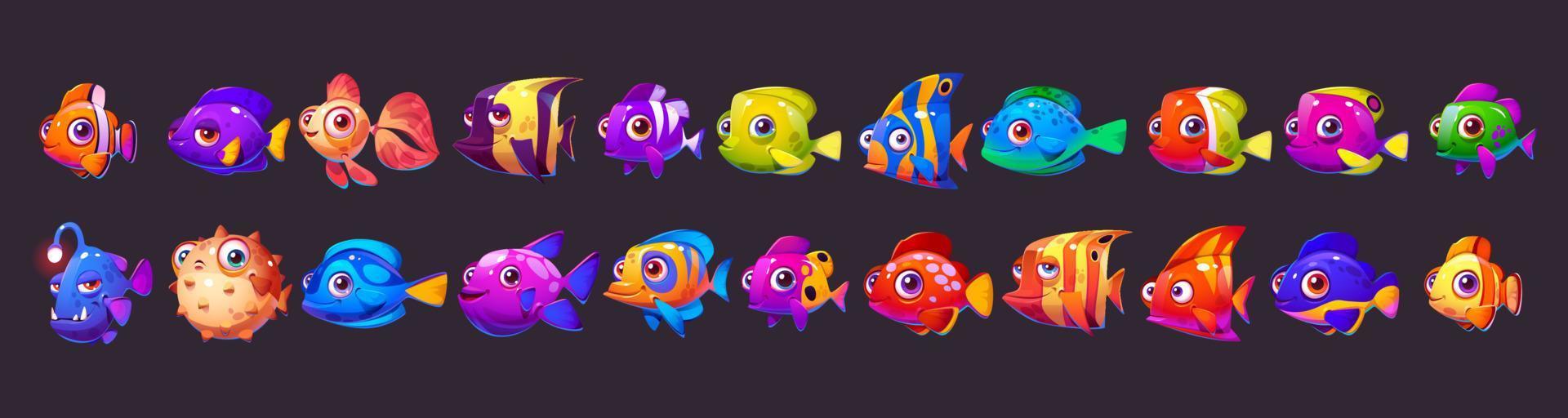 Cartoon set of cute sea fish on dark background vector