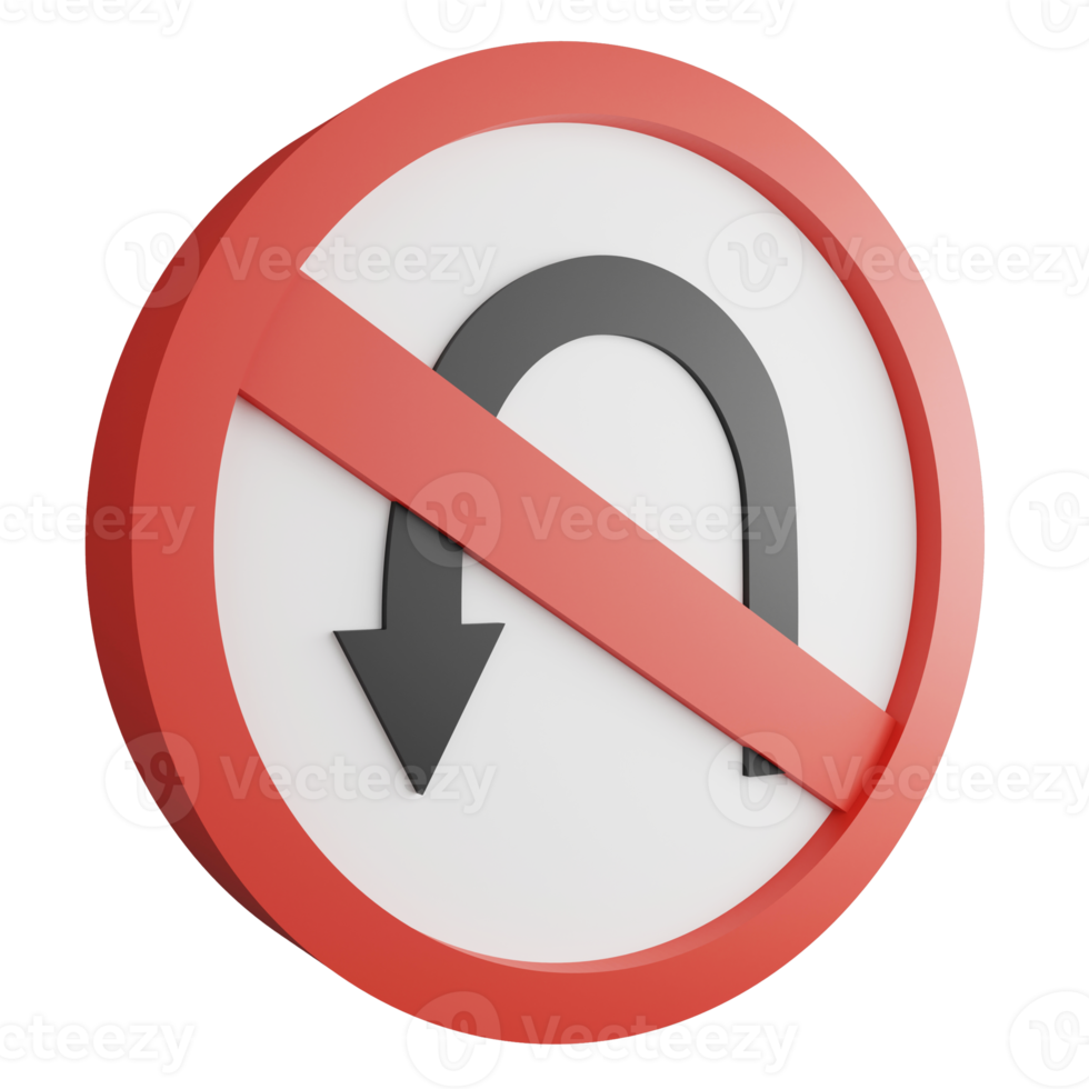 3D render no U turn left sign icon isolated on transparent background, red mandatory sign png