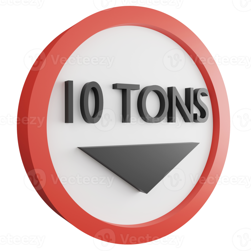 3D render weight limit 10 tons sign icon isolated on transparent background, red mandatory sign png