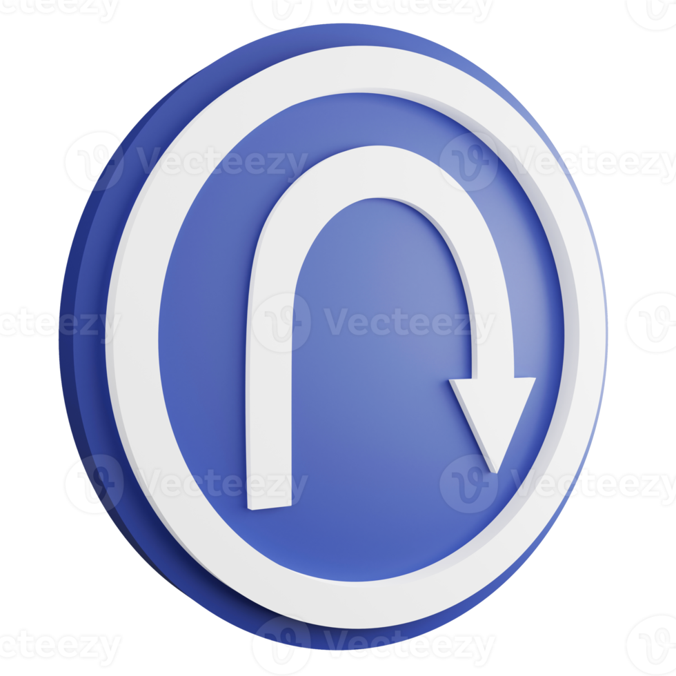 3D render U turn right sign icon isolated on transparent background, blue informative sign png