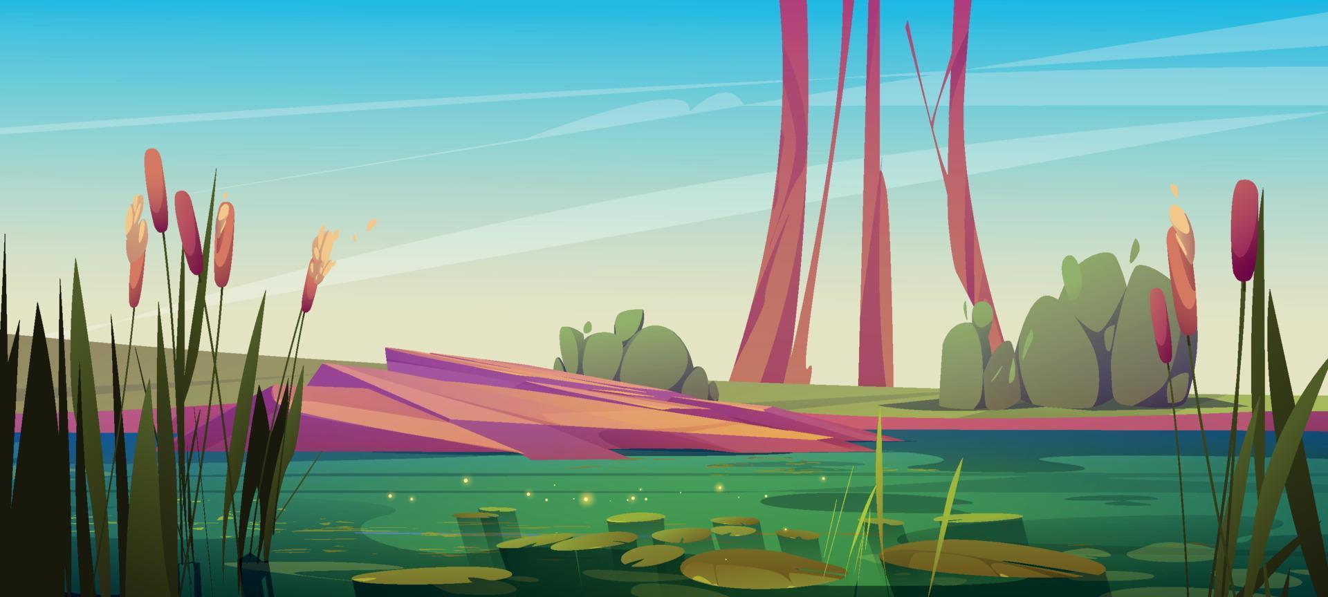 Green swamp and reed near pond cartoon background vector