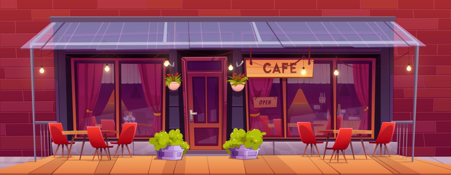 City street with cafe exterior with terrace vector