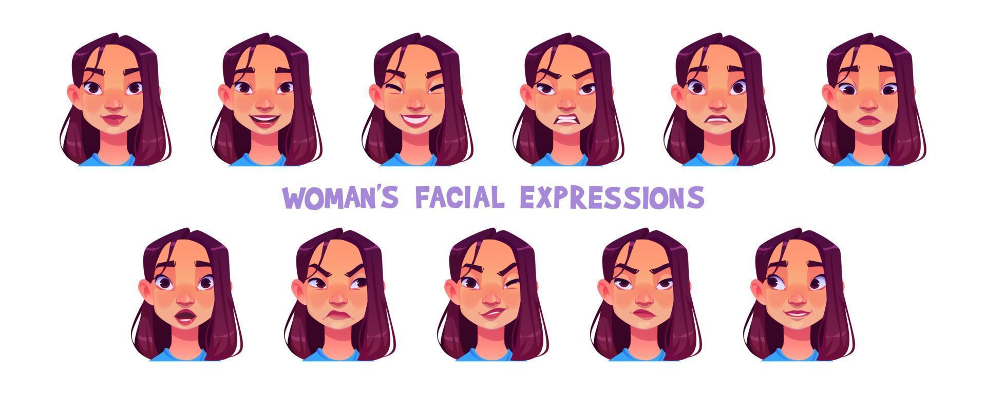 asiático mujer facial expresiones aislado en blanco vector