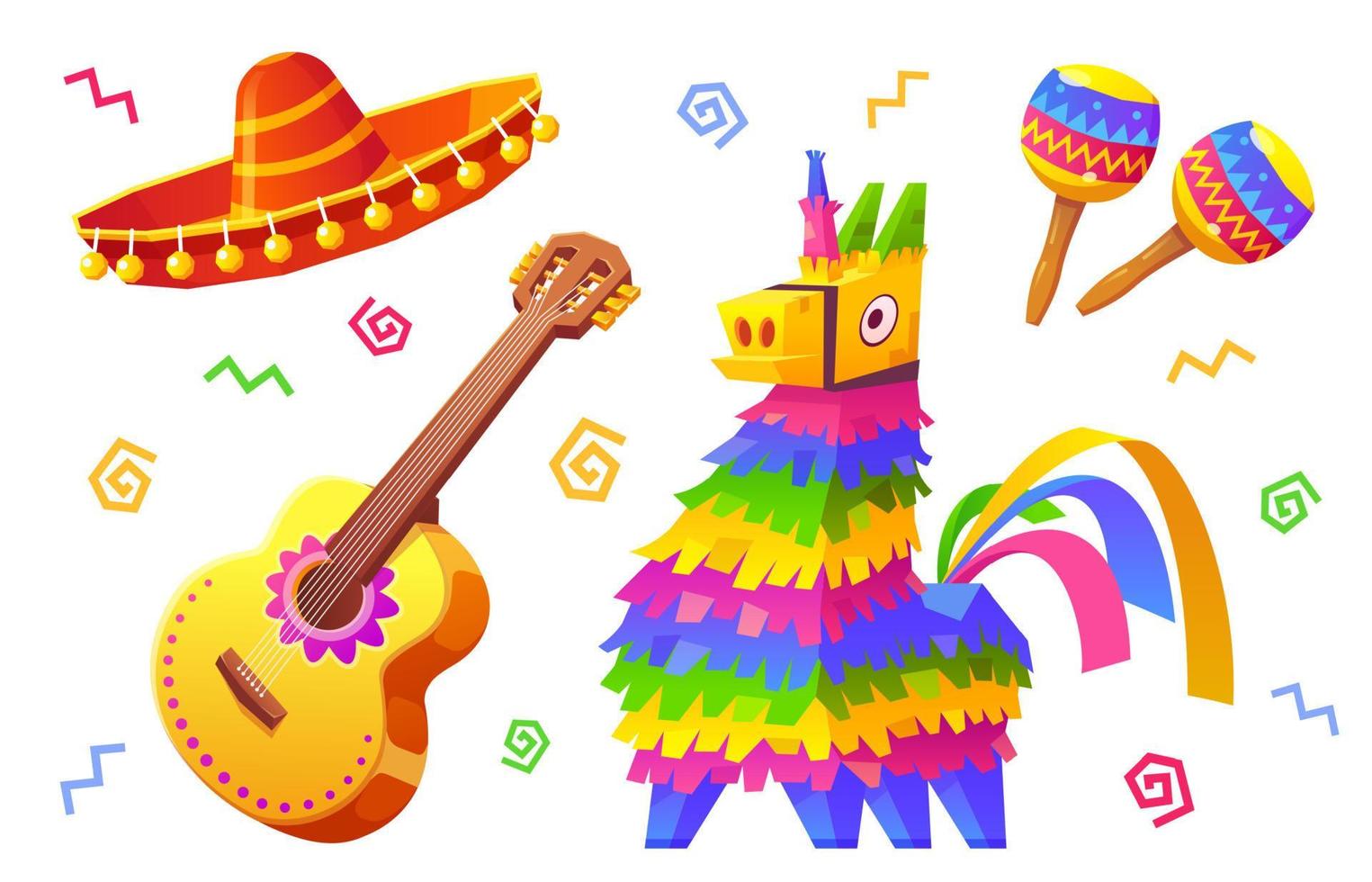 Mexican birthday party vector set with pinata