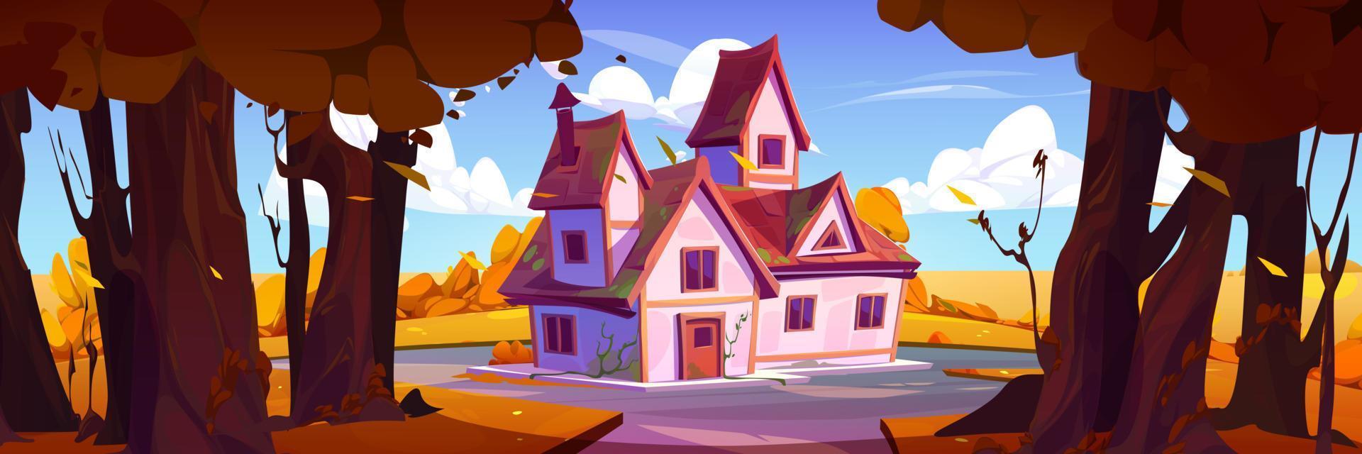 Autumn landscape with forest and village house vector