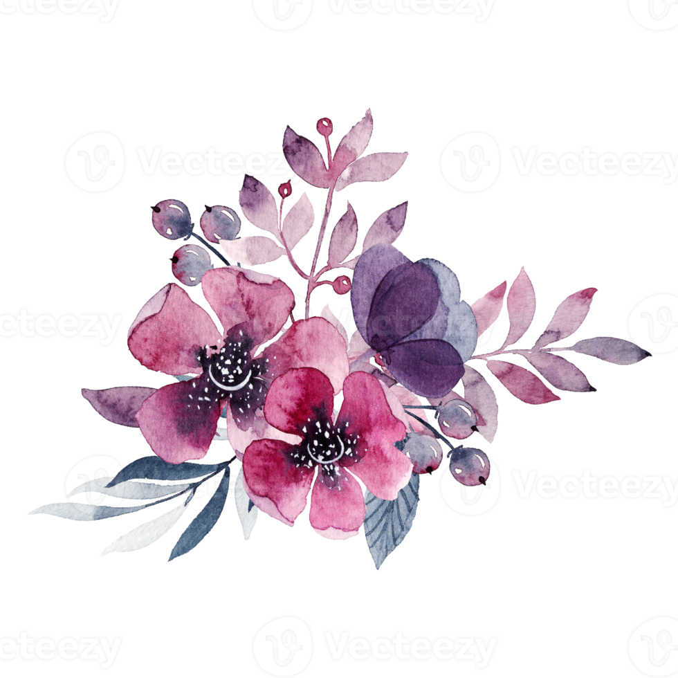 Floral composition with watercolor elements, violet flowers and leaves. png