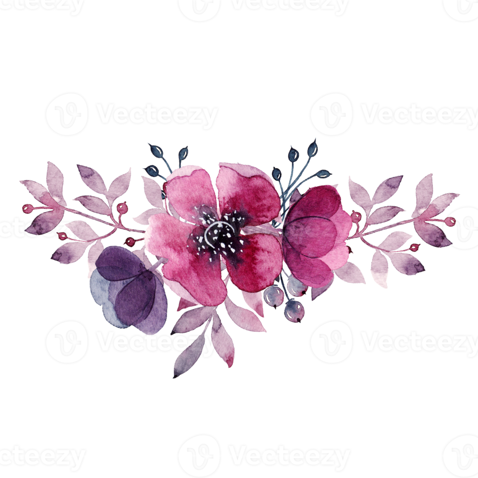 blommig sammansättning med vattenfärg element, violett blommor och löv. png