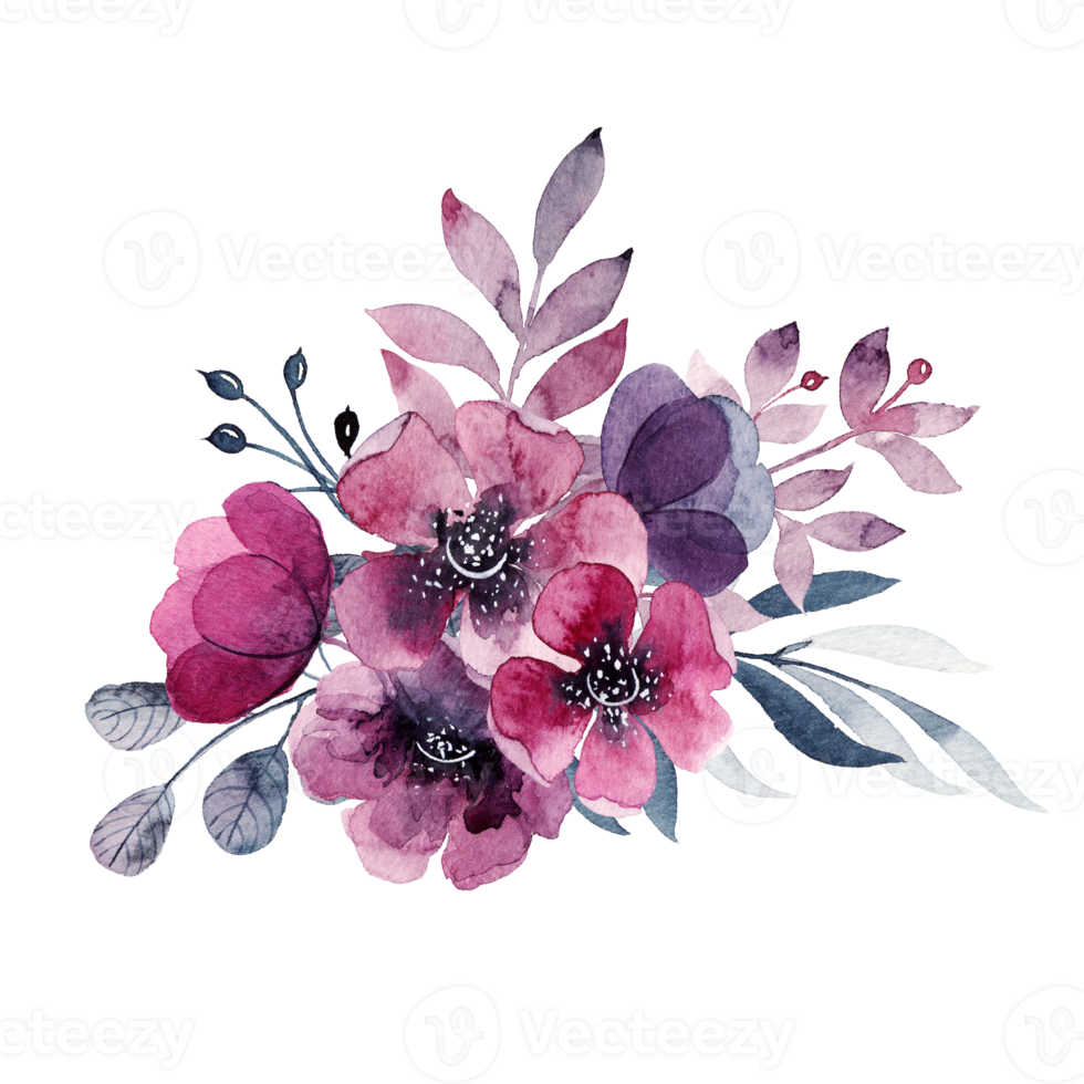 Floral composition with watercolor elements, violet flowers and leaves. png